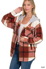 Load image into Gallery viewer, Plaid Drawstring Hooded Fleece Shacket | ZENANA | RUST S | Arrow Women&#39;s Boutique