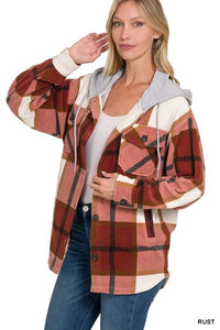Plaid Drawstring Hooded Fleece Shacket | ZENANA | RUST S | Arrow Women's Boutique